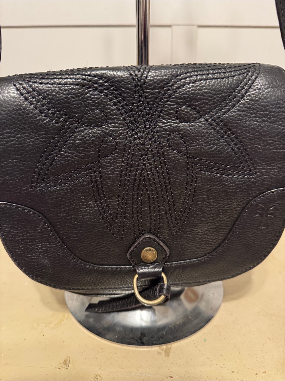 Frye Black Leather Floral-Stitched Charlene Saddle Bag Crossbody